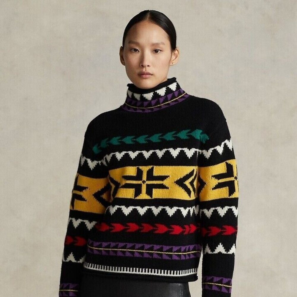 Polo Ralph Lauren wool Geo-Motif Rolled-Edge Turtleneck Sweater Sz L multicolor